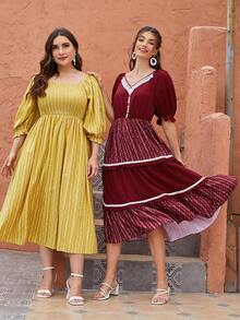 Mulvari 荷葉邊袖拼接蕾絲細節多層下擺連衣裙 - 酒紅色 - 查看 6