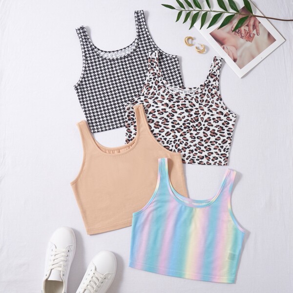 

4pcs Houndstooth & Leopard Print Tank Top, Multicolor
