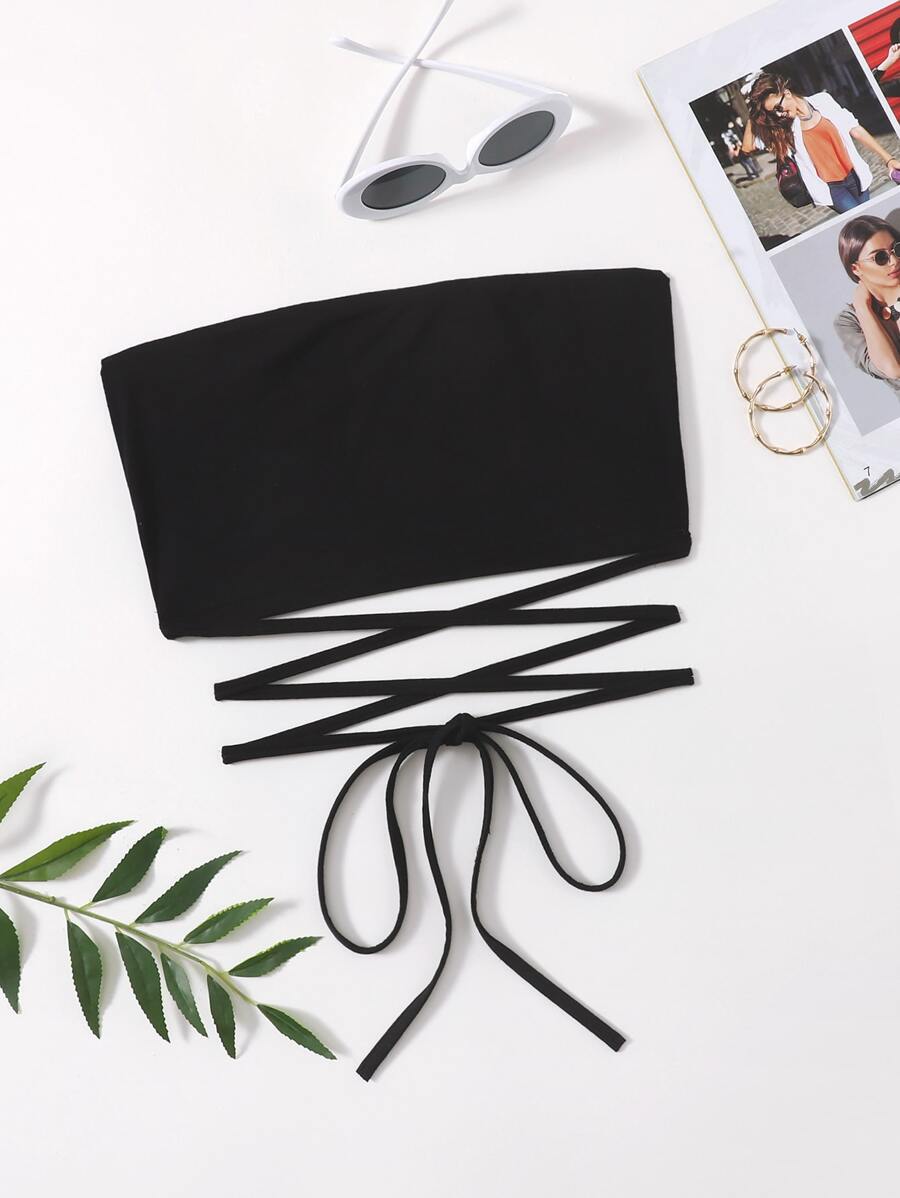 Soleia Crisscross Tied Crop Tube Top - Black - View 1