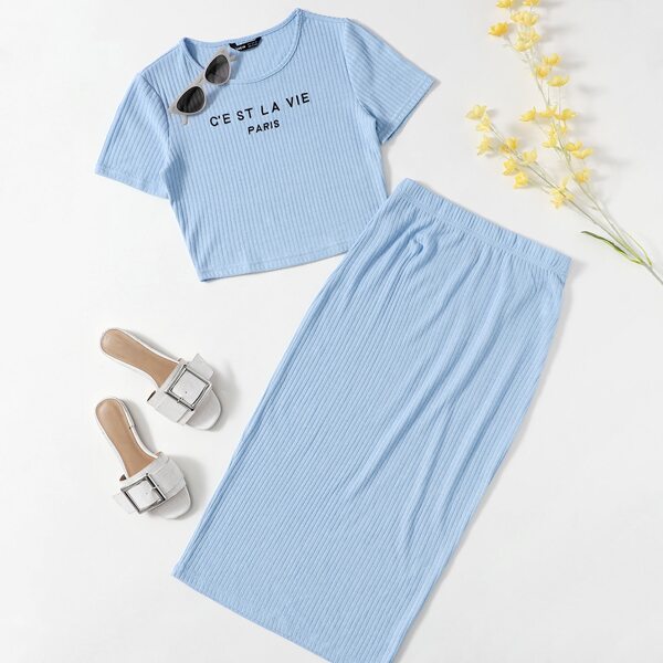 

Slogan Embroidery Rib-knit Top & Skirt Set, Baby blue