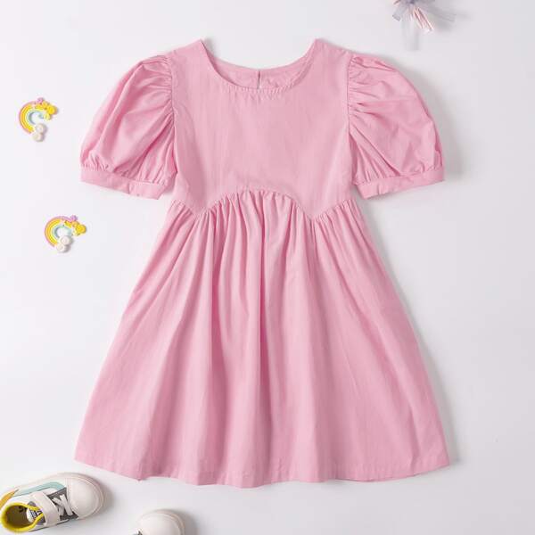 

Toddler Girls Puff Sleeve Babydoll Dress, Pink