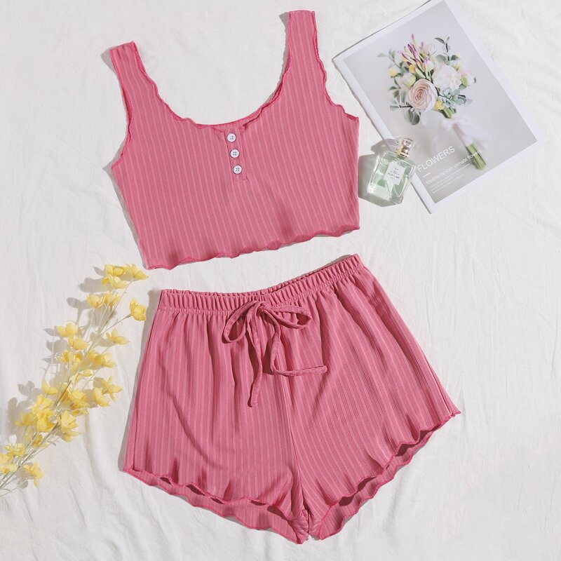 

Rib Knit Crop Tank Top & Shorts Lounge Set, Pink