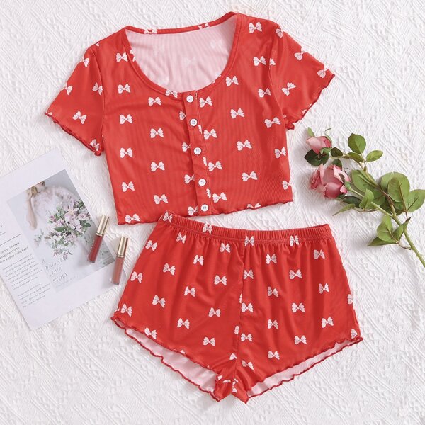 

Bow Print Pajama Set, Red