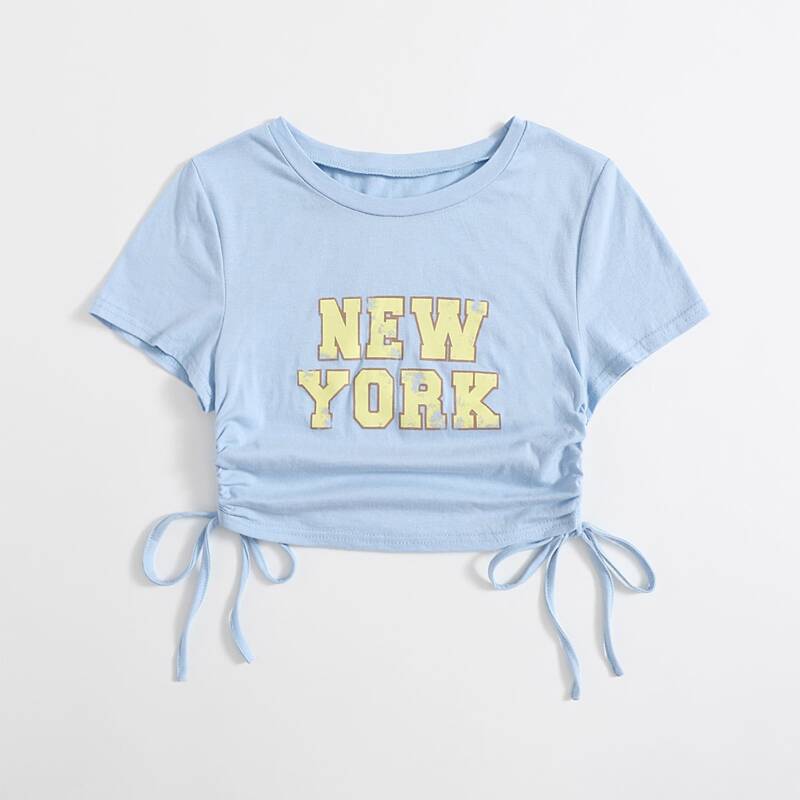 

Letter Drawstring Ruched Crop Tee, Baby blue