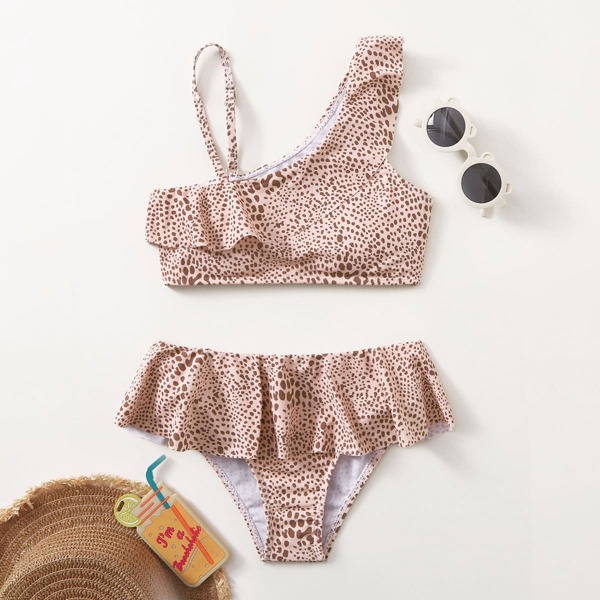 

Girls Dalmatian Ruffle Bikini Swimsuit, Dusty pink
