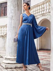 Modelyn One Sleeve Rhinestone Panel Waist Satin Jumpsuit - Blue - View 1