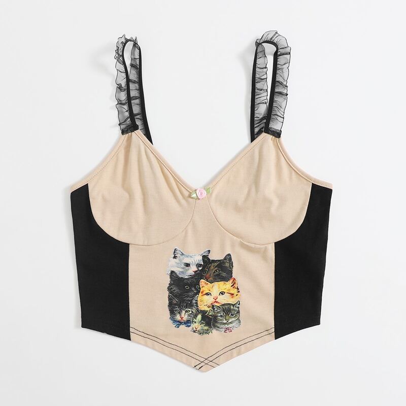 

Cat Graphic Colorblock Crop Cami, Multicolor