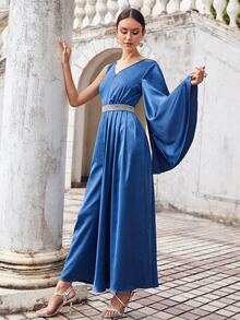 Modelyn One Sleeve Rhinestone Panel Waist Satin Jumpsuit - Blue - View 3