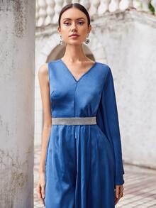 Modelyn One Sleeve Rhinestone Panel Waist Satin Jumpsuit - Blue - View 4