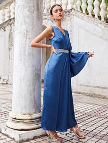 Modelyn One Sleeve Rhinestone Panel Waist Satin Jumpsuit - Blue - View 5