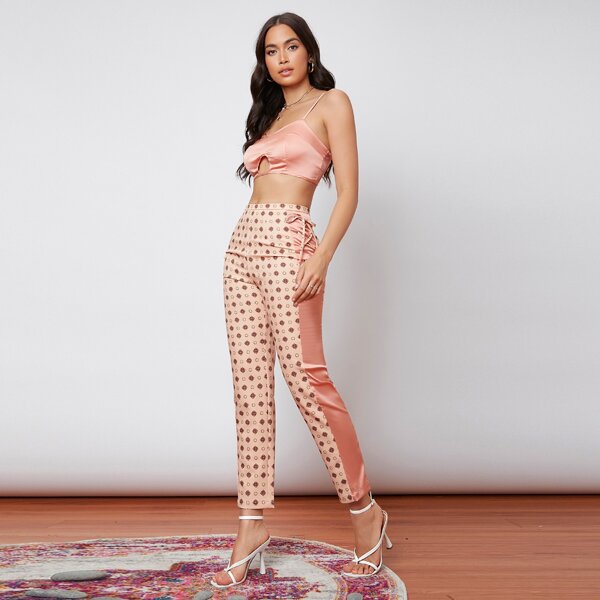 

Lace Up Side Satin Panel Geo Print Pants, Multicolor