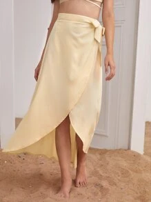 SHEIN Frenchy High Waist Wrap Knot Skirt - Yellow - View 3