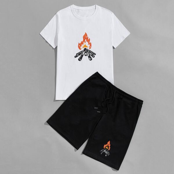 

Men Fire Print Tee & Track Shorts, White