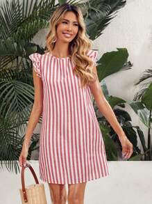 SHEIN VCAY Tie Back Ruffle Armhole Striped Dress - Red and White - View 2