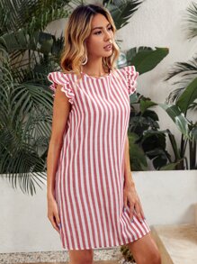 SHEIN VCAY Tie Back Ruffle Armhole Striped Dress - Red and White - View 3