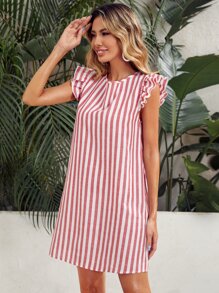 SHEIN VCAY Tie Back Ruffle Armhole Striped Dress - Red and White - View 5
