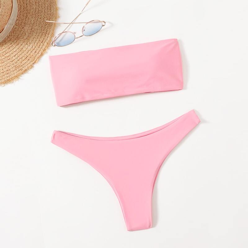 

Solid Bandeau Bikini Swimsuit, Pink