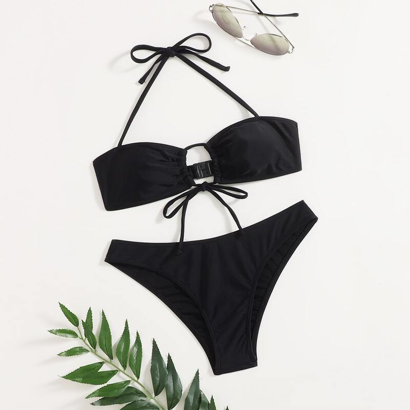

Solid Cut Out Bikini Swimsuit, Black