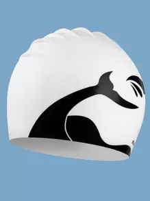 SHENYU Whale Tail Print Silicone Swimming Cap - White - View 1