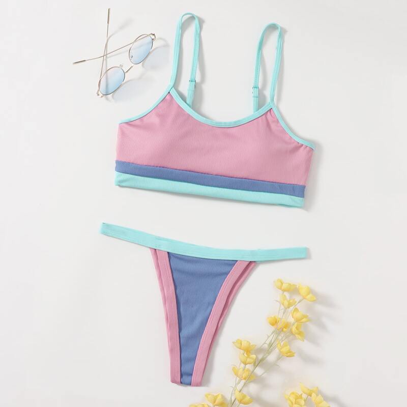 

Contrast Binding Bikini Swimsuit, Multicolor