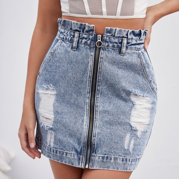 

Paper Bag Waist Zip Up Denim Skirt, Light wash