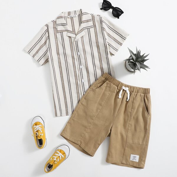 

Boys Lapel Collar Striped Shirt & Shorts Set, Multicolor