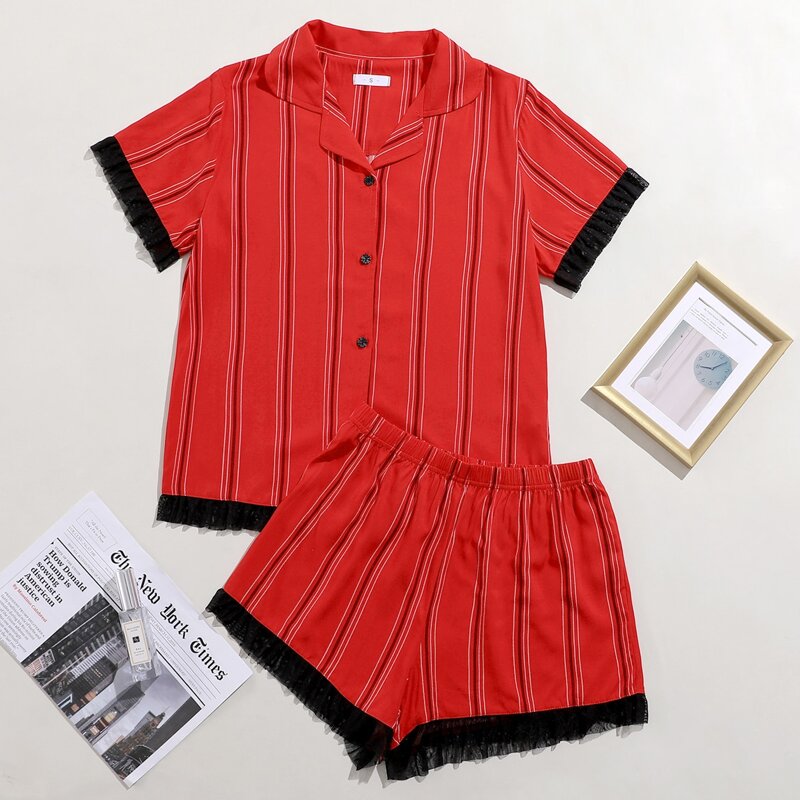 

Striped Lace Panel Lapel Collar PJ Set, Red