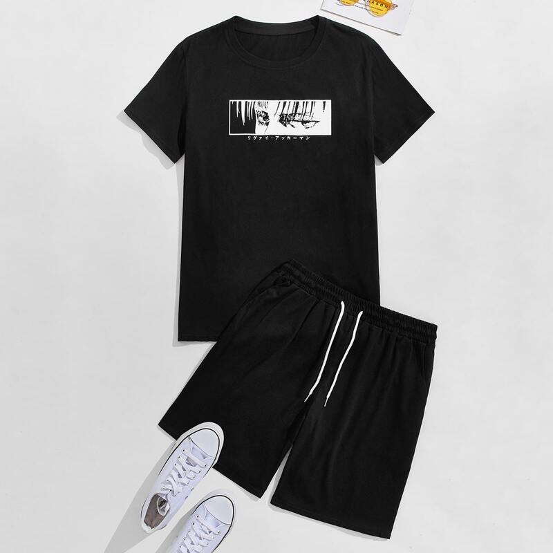 

Guys Figure And Japanese Letter Print Tee & Shorts, Black