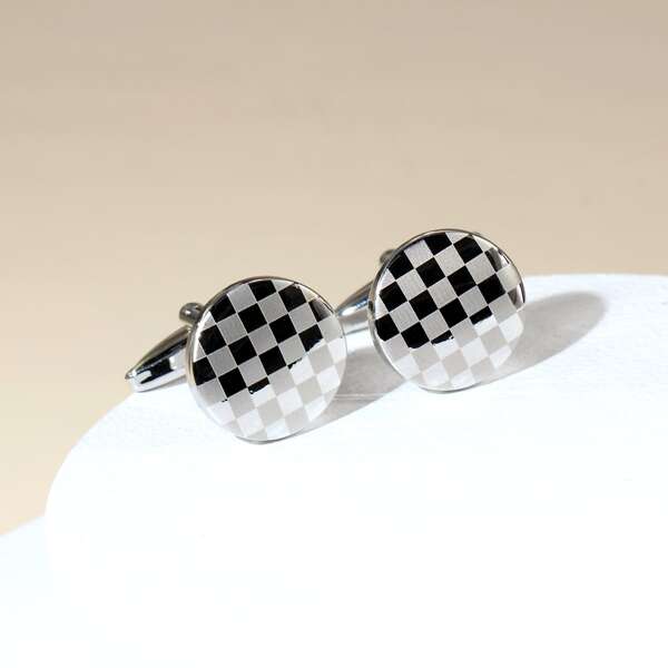 

1pair Men Plaid Pattern Cufflinks, Silver