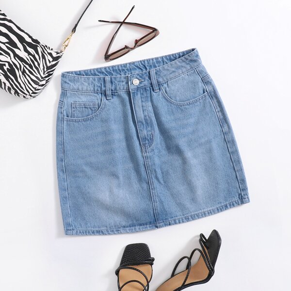 

Split Hem Slant Pocket Denim Skirt, Medium wash