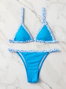 Conjunto de bikini con estampado de leopardo y ribete de contraste - Azul - Ver 1