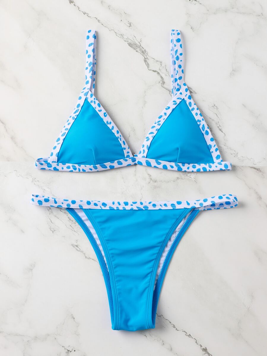 Conjunto de bikini con estampado de leopardo y ribete de contraste - Azul - Ver 1