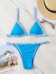 Conjunto de bikini con estampado de leopardo y ribete de contraste - Azul - Ver 5