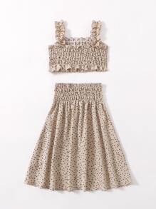 SHEIN Young Girl Polka Dot Shirred Crop Cami Top & Skirt, School, Campus, College - Khaki - View 2