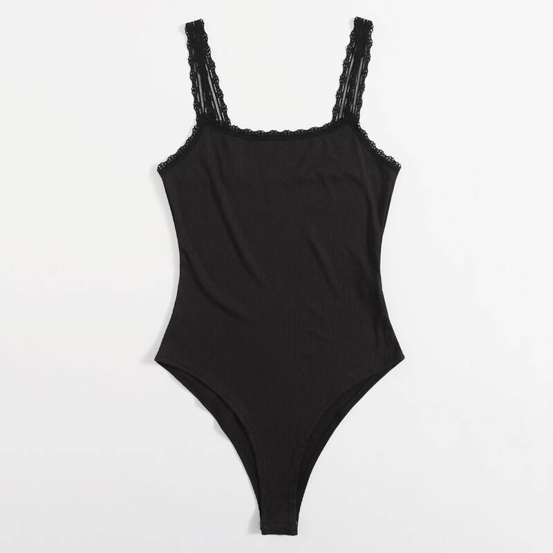 

Contrast Lace Ribbed Bodysuit, Black