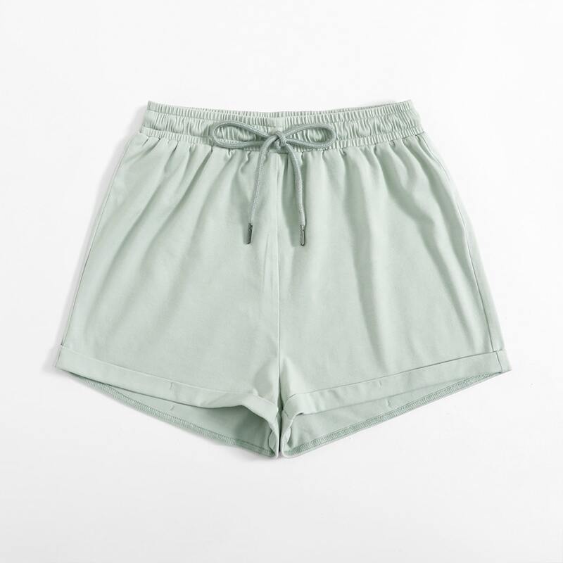 

Solid Tie Front Cuffed Shorts, Mint green