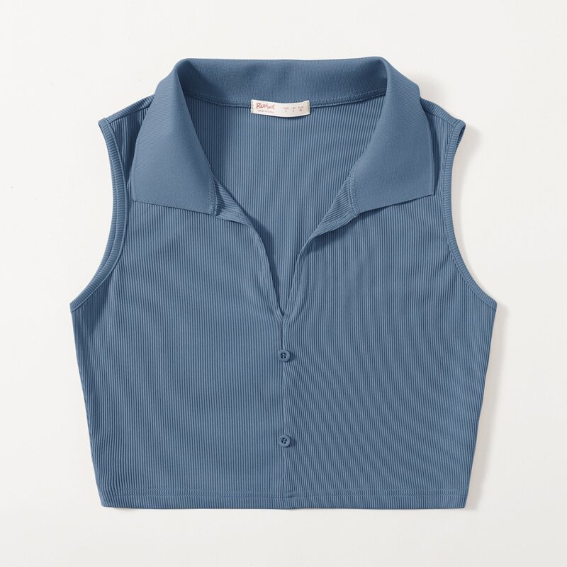 

Solid Button Front Ribbed Tank Top, Dusty blue