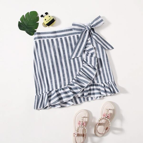 

Teen Girls Two Tone Striped Ruffle Hem Wrap Knot Skirt, Blue and white