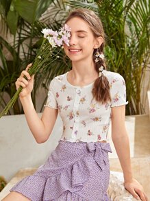 SHEIN Teen Girls Floral Print Lettuce Trim Button Front Tee - Multicolor - View 1