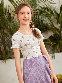 SHEIN Teen Girls Floral Print Lettuce Trim Button Front Tee - Multicolor - View 4