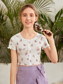 SHEIN Teen Girls Floral Print Lettuce Trim Button Front Tee - Multicolor - View 5