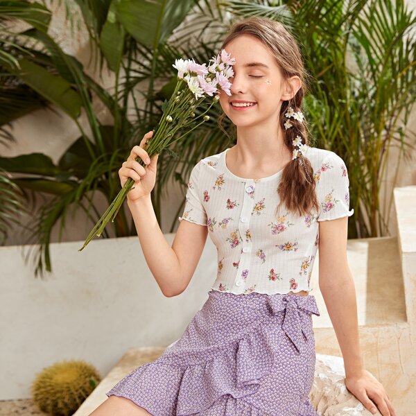 

Teen Girls Floral Print Lettuce Trim Button Front Tee, Multicolor