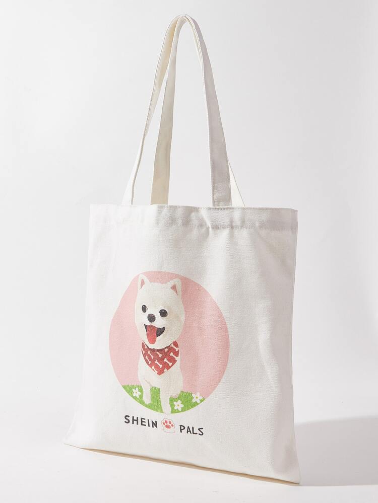 SHEIN 狗狗圖案帆布托特包 - 白色 - 查看 3