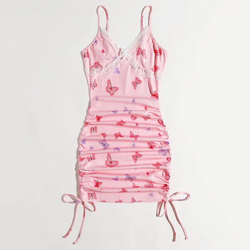

Lace Insert Butterfly Graphic Dress, Baby pink