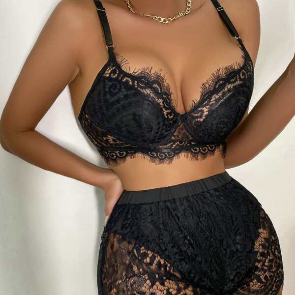 

Floral Lace Push Up Bralette & Shorts, Black