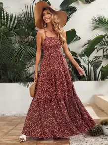 SHEIN VCAY 小碎花繫帶露背多層下擺吊帶連衣裙 - 彩色 - 查看 1