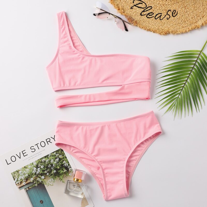

Cut Out One Shoulder Bikini Swimsuit, Pink