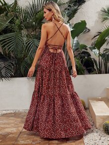 SHEIN VCAY 小碎花繫帶露背多層下擺吊帶連衣裙 - 彩色 - 查看 2