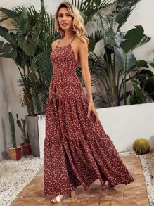 SHEIN VCAY 小碎花繫帶露背多層下擺吊帶連衣裙 - 彩色 - 查看 5