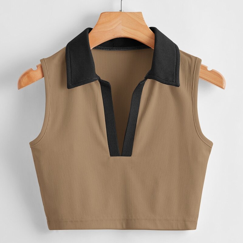

Colorblock Collar Ribbed Tank Top, Brown